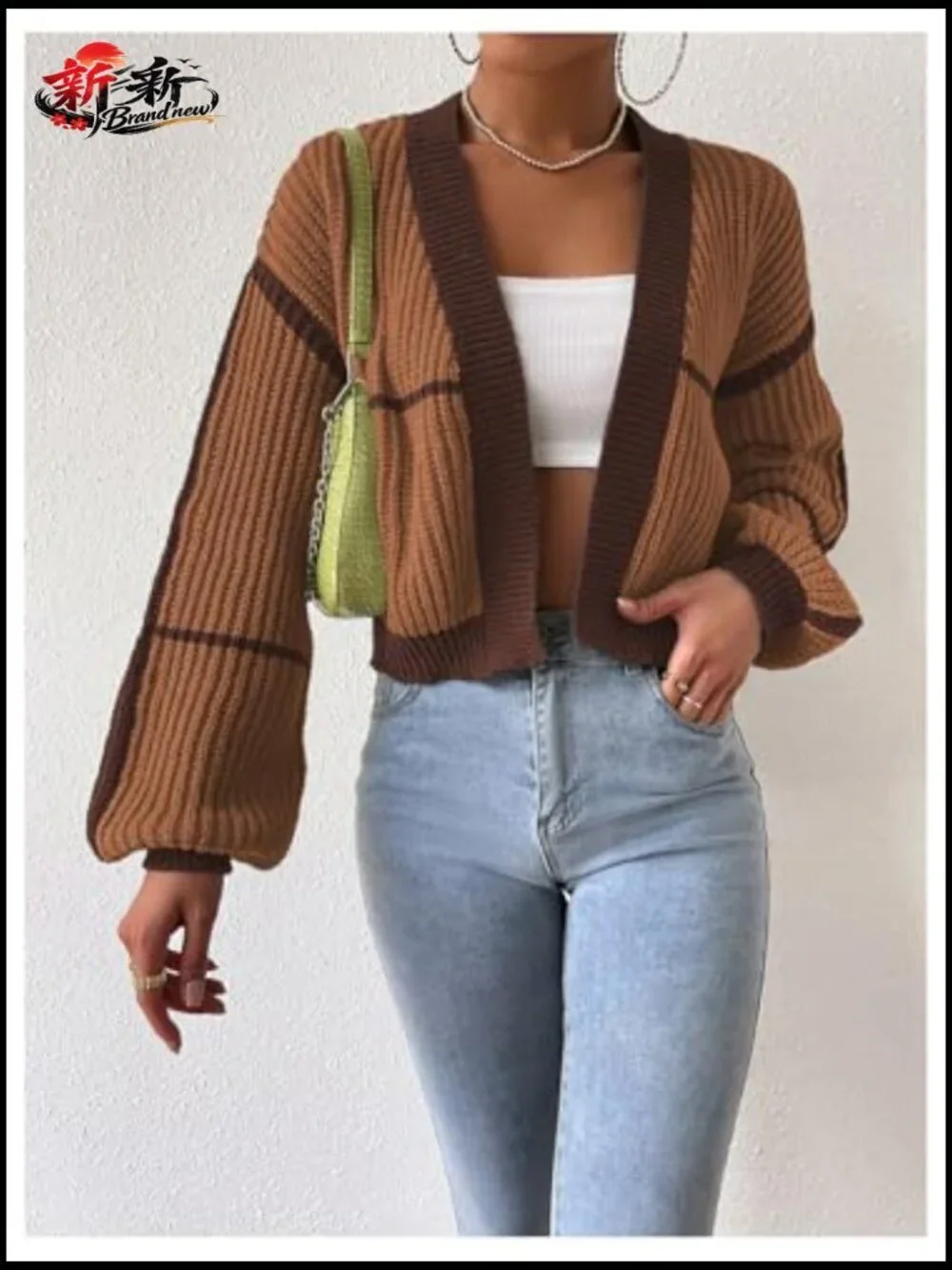 Color Block Crop Cardigan Bishop Long Sleeve Open Front Sweater - Picture 3 of 7